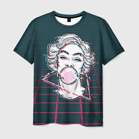 Мужская футболка 3D с принтом blowing bubble gum glitch в Новосибирске, 100% полиэфир | прямой крой, круглый вырез горловины, длина до линии бедер | blowing | bubble gum | абстракция | глитч | девушка | жвачка | линии | мода | психоделика | пузырь