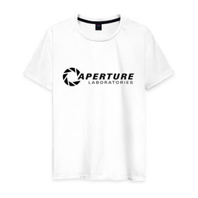 Мужская футболка хлопок с принтом Aperture laboratorie (+ спина) в Новосибирске, 100% хлопок | прямой крой, круглый вырез горловины, длина до линии бедер, слегка спущенное плечо. | aperture | chell | half life | головоломка | испытуемый | портал | телепорт | челл