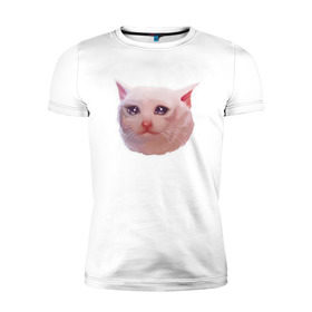 Мужская футболка премиум с принтом Плачущий кот в Новосибирске, 92% хлопок, 8% лайкра | приталенный силуэт, круглый вырез ворота, длина до линии бедра, короткий рукав | cat | crying | meme | кот | мем | плачущий