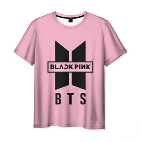 Мужская футболка 3D с принтом BTS and BLACKPINK в Новосибирске, 100% полиэфир | прямой крой, круглый вырез горловины, длина до линии бедер | bangtan boys | black | blackpink | bt21 | bts | k pop | pink | rose | блек пинк | блекпинк | блэк пинк | блэкпинк | бтс