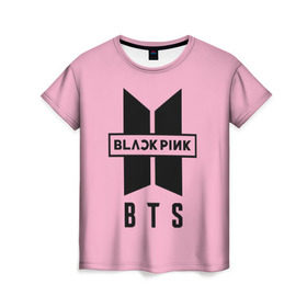 Женская футболка 3D с принтом BTS and BLACKPINK в Новосибирске, 100% полиэфир ( синтетическое хлопкоподобное полотно) | прямой крой, круглый вырез горловины, длина до линии бедер | bangtan boys | black | blackpink | bt21 | bts | k pop | pink | rose | блек пинк | блекпинк | блэк пинк | блэкпинк | бтс