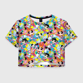 Женская футболка Cropp-top с принтом Sticker bombs в Новосибирске, 100% полиэстер | круглая горловина, длина футболки до линии талии, рукава с отворотами | powerpuff girl | ppg | бабблс | баттеркап | блоссом | крошки | крутые девчонки | лютик | пестик | пузырек | супер крошки | супергерой | таунсвиль | цветик