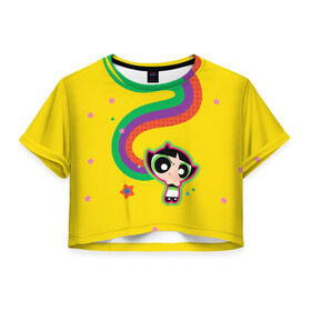 Женская футболка Cropp-top с принтом Buttercup в Новосибирске, 100% полиэстер | круглая горловина, длина футболки до линии талии, рукава с отворотами | powerpuff girls | ppg | бабблс | баттеркап | блоссом | крошки | крутые девчонки | лютик | пестик | пузырек | супер крошки | супергерой | таунсвиль | цветик