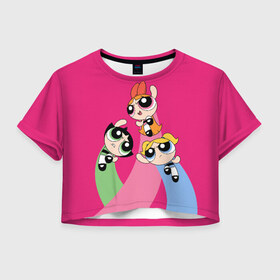 Женская футболка Cropp-top с принтом PPG в Новосибирске, 100% полиэстер | круглая горловина, длина футболки до линии талии, рукава с отворотами | powerpuff girls | ppg | бабблс | баттеркап | блоссом | крошки | крутые девчонки | лютик | пестик | пузырек | супер крошки | супергерой | таунсвиль | цветик