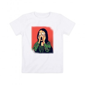 Детская футболка хлопок с принтом Мона Лиза в Новосибирске, 100% хлопок | круглый вырез горловины, полуприлегающий силуэт, длина до линии бедер | Тематика изображения на принте: fear | halloween | mona lisa | мона лиза | ужас | хеллоуин | хэллоуин