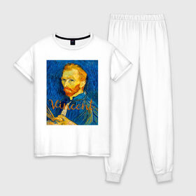 Женская пижама хлопок с принтом Ван гог в Новосибирске, 100% хлопок | брюки и футболка прямого кроя, без карманов, на брюках мягкая резинка на поясе и по низу штанин | van gogh | искусство | картины