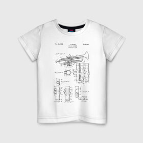 Детская футболка хлопок с принтом Musical instrument в Новосибирске, 100% хлопок | круглый вырез горловины, полуприлегающий силуэт, длина до линии бедер | patent | звук | идея | история | музыка | патент | разработка | труба | трубач | чертеж | чертежи