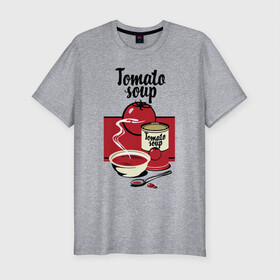 Мужская футболка хлопок Slim с принтом Томатный суп в Новосибирске, 92% хлопок, 8% лайкра | приталенный силуэт, круглый вырез ворота, длина до линии бедра, короткий рукав | flat | food | poster | retro | soup | spoon | steam | tomato | еда | ложка | пар | плакат | помидор | ретро | суп | тарелка