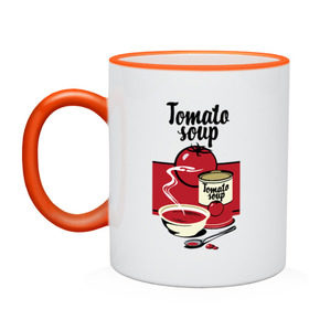 Кружка двухцветная с принтом Томатный суп в Новосибирске, керамика | объем — 330 мл, диаметр — 80 мм. Цветная ручка и кайма сверху, в некоторых цветах — вся внутренняя часть | Тематика изображения на принте: flat | food | poster | retro | soup | spoon | steam | tomato | еда | ложка | пар | плакат | помидор | ретро | суп | тарелка