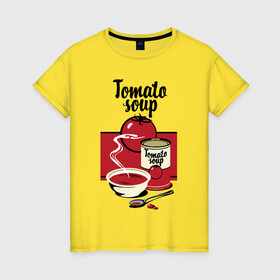 Женская футболка хлопок с принтом Томатный суп в Новосибирске, 100% хлопок | прямой крой, круглый вырез горловины, длина до линии бедер, слегка спущенное плечо | Тематика изображения на принте: flat | food | poster | retro | soup | spoon | steam | tomato | еда | ложка | пар | плакат | помидор | ретро | суп | тарелка