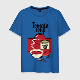 Мужская футболка хлопок с принтом Томатный суп в Новосибирске, 100% хлопок | прямой крой, круглый вырез горловины, длина до линии бедер, слегка спущенное плечо. | flat | food | poster | retro | soup | spoon | steam | tomato | еда | ложка | пар | плакат | помидор | ретро | суп | тарелка