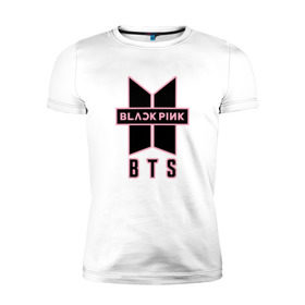 Мужская футболка премиум с принтом BTS and BLACKPINK в Новосибирске, 92% хлопок, 8% лайкра | приталенный силуэт, круглый вырез ворота, длина до линии бедра, короткий рукав | Тематика изображения на принте: bangtan boys | black | blackpink | bt21 | bts | k pop | pink | rose | блек пинк | блекпинк | блэк пинк | блэкпинк | бтс