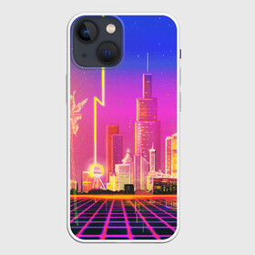 Чехол для iPhone 13 mini с принтом КИБЕР ГОРОД в Новосибирске,  |  | bright | colorful | cool | disco | music | music lover | retro | speaker | tape recorder | technique | vintage | винтаж | динамик | диско | магнитофон | меломан | музыка | неон | разноцветный | ретро | техника