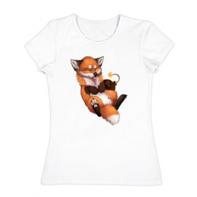 Женская футболка хлопок с принтом Хитрый лис в Новосибирске, 100% хлопок | прямой крой, круглый вырез горловины, длина до линии бедер, слегка спущенное плечо | лис | лиса | лисенок | песец | рыжая лисица | рыжий лис