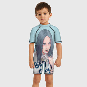 Детский купальный костюм 3D с принтом Billie Eilish в Новосибирске, Полиэстер 85%, Спандекс 15% | застежка на молнии на спине | bad guy | billie eilish | билли айлиш | эйлиш