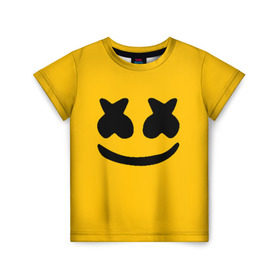 Детская футболка 3D с принтом MARSHMELLO HAPPIER в Новосибирске, 100% гипоаллергенный полиэфир | прямой крой, круглый вырез горловины, длина до линии бедер, чуть спущенное плечо, ткань немного тянется | america | dj | marshmello | usa | америка | маршмелло