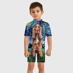 Детский купальный костюм 3D с принтом Кокер-спаниель (Van Gogh style в Новосибирске, Полиэстер 85%, Спандекс 15% | застежка на молнии на спине | gogh | van | vincent | willem | ван | винсент | гог | кокер | пёс | постимпрессионизм | собака | спаниель | художник