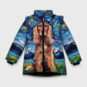 Зимняя куртка для девочек 3D с принтом Кокер-спаниель (Van Gogh style в Новосибирске, ткань верха — 100% полиэстер; подклад — 100% полиэстер, утеплитель — 100% полиэстер. | длина ниже бедра, удлиненная спинка, воротник стойка и отстегивающийся капюшон. Есть боковые карманы с листочкой на кнопках, утяжки по низу изделия и внутренний карман на молнии. 

Предусмотрены светоотражающий принт на спинке, радужный светоотражающий элемент на пуллере молнии и на резинке для утяжки. | gogh | van | vincent | willem | ван | винсент | гог | кокер | пёс | постимпрессионизм | собака | спаниель | художник