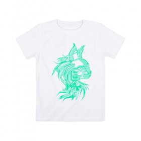 Детская футболка хлопок с принтом Maine Coon в Новосибирске, 100% хлопок | круглый вырез горловины, полуприлегающий силуэт, длина до линии бедер | Тематика изображения на принте: cat | chips | cyber cat | cyber light | cyber punk | maine coon | maine coon cat | neon | neon light | xacker cat