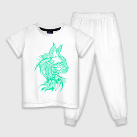 Детская пижама хлопок с принтом Maine Coon в Новосибирске, 100% хлопок |  брюки и футболка прямого кроя, без карманов, на брюках мягкая резинка на поясе и по низу штанин
 | cat | chips | cyber cat | cyber light | cyber punk | maine coon | maine coon cat | neon | neon light | xacker cat
