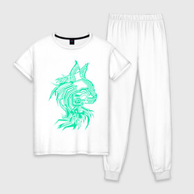 Женская пижама хлопок с принтом Maine Coon в Новосибирске, 100% хлопок | брюки и футболка прямого кроя, без карманов, на брюках мягкая резинка на поясе и по низу штанин | cat | chips | cyber cat | cyber light | cyber punk | maine coon | maine coon cat | neon | neon light | xacker cat