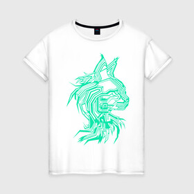 Женская футболка хлопок с принтом Maine Coon в Новосибирске, 100% хлопок | прямой крой, круглый вырез горловины, длина до линии бедер, слегка спущенное плечо | cat | chips | cyber cat | cyber light | cyber punk | maine coon | maine coon cat | neon | neon light | xacker cat