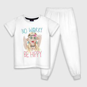 Детская пижама хлопок с принтом No worry Be hippy в Новосибирске, 100% хлопок |  брюки и футболка прямого кроя, без карманов, на брюках мягкая резинка на поясе и по низу штанин
 | art | be hippy | hippy | no worry | арт | блондинка | зеленые очки | краски | рисунок | серьги | украшения | хипи | хиппи | хипушка