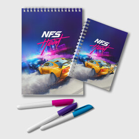 Блокнот с принтом NEED FOR SPEED - HEAT (2019) в Новосибирске, 100% бумага | 48 листов, плотность листов — 60 г/м2, плотность картонной обложки — 250 г/м2. Листы скреплены удобной пружинной спиралью. Цвет линий — светло-серый
 | 2019 | auto | for | game | games | heat | logo | need | neon | nfs | racing | speed | symbol | tuning | авто | гонки | жажда | жара | игра | игры | лого | логотип | неон | нфс | символ | скорости | тепло | тюнинг | хеат | хит | хот
