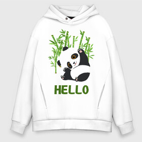 Мужское худи Oversize хлопок с принтом Panda Hello в Новосибирске, френч-терри — 70% хлопок, 30% полиэстер. Мягкий теплый начес внутри —100% хлопок | боковые карманы, эластичные манжеты и нижняя кромка, капюшон на магнитной кнопке | Тематика изображения на принте: panda hello | животные | панда | панды | привет