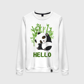 Женский свитшот хлопок с принтом Panda Hello в Новосибирске, 100% хлопок | прямой крой, круглый вырез, на манжетах и по низу широкая трикотажная резинка  | panda hello | животные | панда | панды | привет