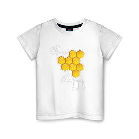 Детская футболка хлопок с принтом Bee happy! в Новосибирске, 100% хлопок | круглый вырез горловины, полуприлегающий силуэт, длина до линии бедер | Тематика изображения на принте: be | bee | happy | весело | мед | пчела | соты | счастье