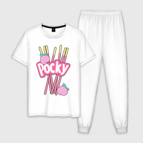 Мужская пижама хлопок с принтом KAWAII POCKY в Новосибирске, 100% хлопок | брюки и футболка прямого кроя, без карманов, на брюках мягкая резинка на поясе и по низу штанин
 | kawaii | kawaii pocky | pocky | pocky купить | pocky палочки | кавай | японские pocky