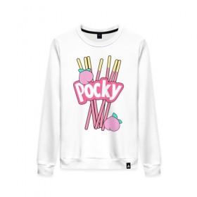 Женский свитшот хлопок с принтом KAWAII POCKY в Новосибирске, 100% хлопок | прямой крой, круглый вырез, на манжетах и по низу широкая трикотажная резинка  | kawaii | kawaii pocky | pocky | pocky купить | pocky палочки | кавай | японские pocky