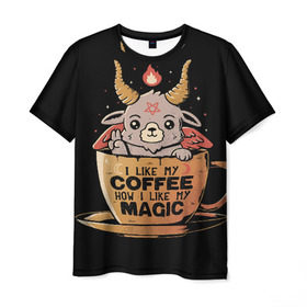 Мужская футболка 3D с принтом How I Like My Coffee в Новосибирске, 100% полиэфир | прямой крой, круглый вырез горловины, длина до линии бедер | Тематика изображения на принте: coffee | diy | espresso | how | like | lol | my | как | кофе | лол | мой | монстрик | рога | сделай сам | сказка | эспрессо