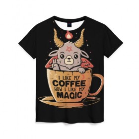 Женская футболка 3D с принтом How I Like My Coffee в Новосибирске, 100% полиэфир ( синтетическое хлопкоподобное полотно) | прямой крой, круглый вырез горловины, длина до линии бедер | Тематика изображения на принте: coffee | diy | espresso | how | like | lol | my | как | кофе | лол | мой | монстрик | рога | сделай сам | сказка | эспрессо