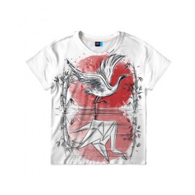 Детская футболка 3D с принтом Японская мечта в Новосибирске, 100% гипоаллергенный полиэфир | прямой крой, круглый вырез горловины, длина до линии бедер, чуть спущенное плечо, ткань немного тянется | bird | crane | japan | sakura | tradition | travel | журавль | птица | путешествие | сакура | традиция | япония