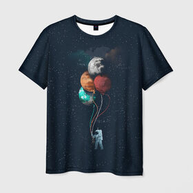 Мужская футболка 3D с принтом Космонавт с Планетами в Новосибирске, 100% полиэфир | прямой крой, круглый вырез горловины, длина до линии бедер | astronaut | cosmonaut | nasa | planet | stars | астронавт | в космосе | галактика | космонавт | космос | планеты | с шариками | шарики