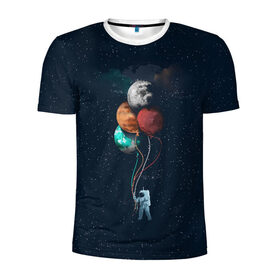 Мужская футболка 3D спортивная с принтом Космонавт с Планетами в Новосибирске, 100% полиэстер с улучшенными характеристиками | приталенный силуэт, круглая горловина, широкие плечи, сужается к линии бедра | Тематика изображения на принте: astronaut | cosmonaut | nasa | planet | stars | астронавт | в космосе | галактика | космонавт | космос | планеты | с шариками | шарики