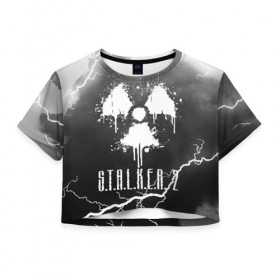 Женская футболка Cropp-top с принтом S.T.A.L.K.E.R. 2 ВЫБРОС в Новосибирске, 100% полиэстер | круглая горловина, длина футболки до линии талии, рукава с отворотами | Тематика изображения на принте: bandit | chernobyl | pripyat | s.t.a.l.k.e.r. 2 | shadow of chernobyl | stalker | stalker 2 | бандиты | меченый | припять | сталкер | сталкер 2 | тени чернобыля | чернобыль | чистое небо