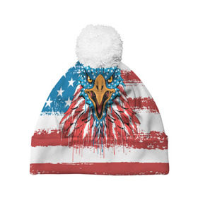 Шапка 3D c помпоном с принтом American Eagle в Новосибирске, 100% полиэстер | универсальный размер, печать по всей поверхности изделия | america | amerika | bird | eagle | flag | usa | америка | американский | орел | птица | соединенные | сша | флаг | штаты