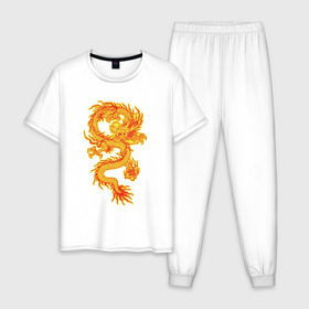 Мужская пижама хлопок с принтом Огненный Дракон в Новосибирске, 100% хлопок | брюки и футболка прямого кроя, без карманов, на брюках мягкая резинка на поясе и по низу штанин
 | Тематика изображения на принте: дракон | мистическое существо | огненный дракон | огонь