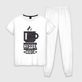 Женская пижама хлопок с принтом Код Кофе в Новосибирске, 100% хлопок | брюки и футболка прямого кроя, без карманов, на брюках мягкая резинка на поясе и по низу штанин | 1c | c | code | coffee | dart | html | java | php | programmer | python | ruby | rust | script | двоичный код | код | кодер | кофе | программист | программистам