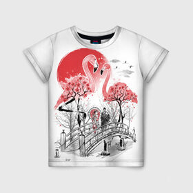 Детская футболка 3D с принтом Сад Фламинго в Новосибирске, 100% гипоаллергенный полиэфир | прямой крой, круглый вырез горловины, длина до линии бедер, чуть спущенное плечо, ткань немного тянется | Тематика изображения на принте: bridge | flamingo | garden | geisha | japan | pink | sakura | samurai | tradition | мост | розовый | сад | сакура | самурай | традиция | фламинго | япония