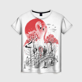 Женская футболка 3D с принтом Сад Фламинго в Новосибирске, 100% полиэфир ( синтетическое хлопкоподобное полотно) | прямой крой, круглый вырез горловины, длина до линии бедер | bridge | flamingo | garden | geisha | japan | pink | sakura | samurai | tradition | мост | розовый | сад | сакура | самурай | традиция | фламинго | япония