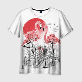 Мужская футболка 3D с принтом Сад Фламинго в Новосибирске, 100% полиэфир | прямой крой, круглый вырез горловины, длина до линии бедер | bridge | flamingo | garden | geisha | japan | pink | sakura | samurai | tradition | мост | розовый | сад | сакура | самурай | традиция | фламинго | япония