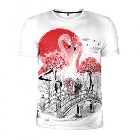 Мужская футболка 3D спортивная с принтом Сад Фламинго в Новосибирске, 100% полиэстер с улучшенными характеристиками | приталенный силуэт, круглая горловина, широкие плечи, сужается к линии бедра | bridge | flamingo | garden | geisha | japan | pink | sakura | samurai | tradition | мост | розовый | сад | сакура | самурай | традиция | фламинго | япония