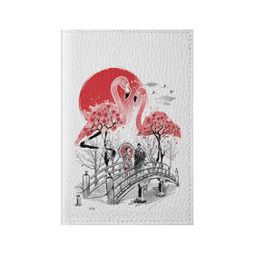 Обложка для паспорта матовая кожа с принтом Сад Фламинго в Новосибирске, натуральная матовая кожа | размер 19,3 х 13,7 см; прозрачные пластиковые крепления | Тематика изображения на принте: bridge | flamingo | garden | geisha | japan | pink | sakura | samurai | tradition | мост | розовый | сад | сакура | самурай | традиция | фламинго | япония