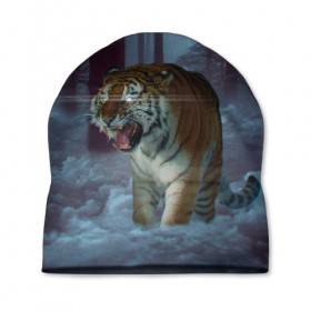 Шапка 3D с принтом ТИГР В СУМЕРЕЧНОМ ЛЕСУ в Новосибирске, 100% полиэстер | универсальный размер, печать по всей поверхности изделия | Тематика изображения на принте: tiger | в лесу | дикая | кошка | лес | природа | тигр | тигренок | тигрица | тигры