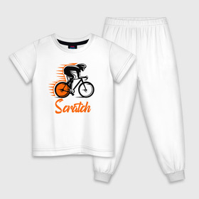 Детская пижама хлопок с принтом Scratch в Новосибирске, 100% хлопок |  брюки и футболка прямого кроя, без карманов, на брюках мягкая резинка на поясе и по низу штанин
 | Тематика изображения на принте: bicycle racer | bicycling | bike | helmet | race | scratch | speed | sportsman | trek | велогонка | велогонщик | велосипед | гонка | скорость | спортсмен | трек | шлем