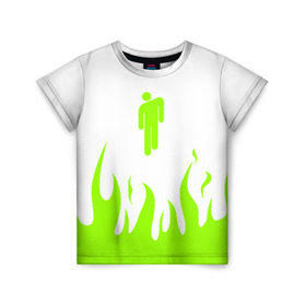 Детская футболка 3D с принтом BILLIE EILISH (Fire) в Новосибирске, 100% гипоаллергенный полиэфир | прямой крой, круглый вырез горловины, длина до линии бедер, чуть спущенное плечо, ткань немного тянется | all | asleep | bad | bellyache | billie | blohsh | dont | eilish | eyes | fall | guy | logo | music | ocean | singer | smile | when | айлиш | били | билли | бэрд | лого | музыка | пайрат | певица | символ | эйлиш